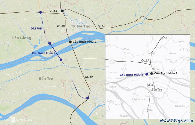 Vị trí cầu Rạch Miễu 1 và 2. Đồ họa: Đăng Hiếu